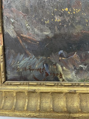 Lot 1163 - *Sir Alfred Munnings oil on canvas - Bay Hunter in Landscape, signed and dated 1908