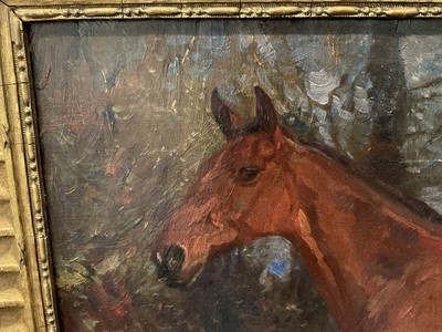 Lot 1163 - *Sir Alfred Munnings oil on canvas - Bay Hunter in Landscape, signed and dated 1908