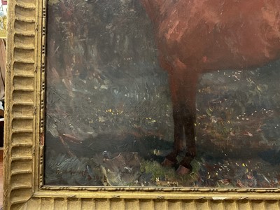Lot 1163 - *Sir Alfred Munnings oil on canvas - Bay Hunter in Landscape, signed and dated 1908