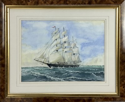 Lot 131 - Brooks (20th century) watercolour - ship in full sail, signed and dated 'Brooks 1966', 39cm x 29cm, in glazed frame.