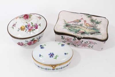 Lot 291 - A faience box, painted with birds, a Limoges box and a gilt metal mounted oval inkwell