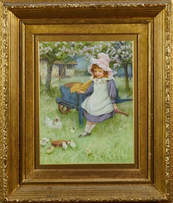 Lot 1072 - William Affleck (1869-1943) watercolour - Girl and chicks in an orchard, signed, 40 x 30.5cm, glazed gilt frame