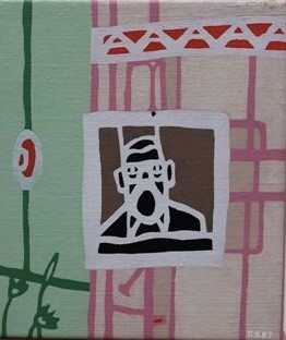 Lot 1155 - Ron Sims (1944-2014) acrylic on canvas - Self Portrait at Easel, initialled and dated '87, unframed, 21cm x 18cm