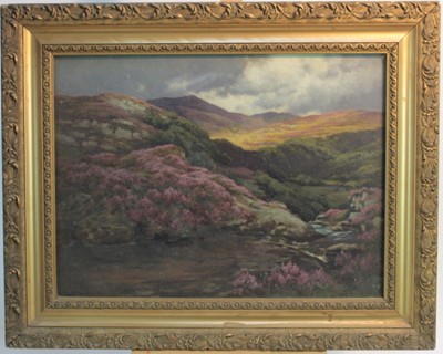 Lot 159 - English School, early 20th century, oil on canvas - Moorland Landscape, indistinctly signed, 37cm x 49cm, in glazed gilt frame