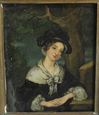 Lot 150 - 1830s English School, oil on canvas - portrait of a lady among woodland, named verso as Harriet Homer, dated 1837, 14cm x 11.5cm, in gilt frame