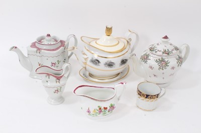 Lot 243 - Collection of English ceramics, including a Worcester teapot and stand, circa 1805, bat printed with shell and seaweed, New Hall pattern 173 teapot and jug, New Hall patterns 376 teapot, together w...