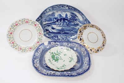 Lot 249 - A Worcester Giles-decorated plate, circa 1770, decorated in green with foliage, together with two 19th century Derby dishes, and two transfer ware platters (5)