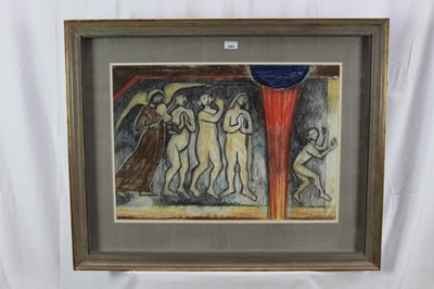 Lot 1283 - *Valerie Thornton (1931- 1991) pastel study for painting - Procession, Lavardin, 1989/90, label verso, in glazed frame. 45cm x 65cm