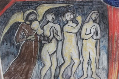 Lot 1283 - *Valerie Thornton (1931- 1991) pastel study for painting - Procession, Lavardin, 1989/90, label verso, in glazed frame. 45cm x 65cm