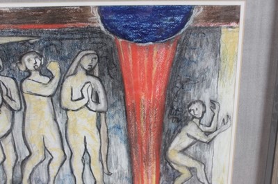Lot 1283 - *Valerie Thornton (1931- 1991) pastel study for painting - Procession, Lavardin, 1989/90, label verso, in glazed frame. 45cm x 65cm