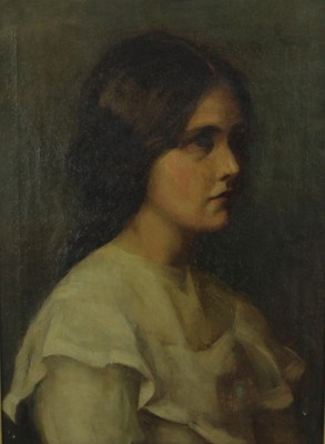 Lot 1180 - Amy Craister of Leeds (late 19th / early 20th century) oil on canvas, portrait of a young woman, inscribed to stretcher ' A Craister', stencil for E. S. K. (examined South Kensington), 56 x 40cm, g...