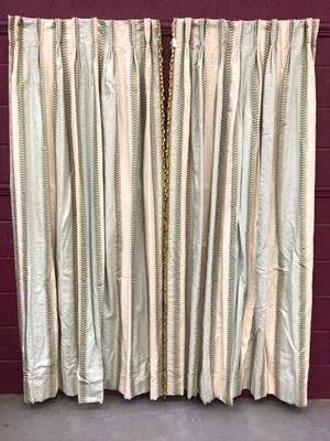 Lot 1436 - Colefax and Fowler good quality pair of interlined linen mix curtains, aqua and ivory vertical stripes with green foliate embroidered pattern