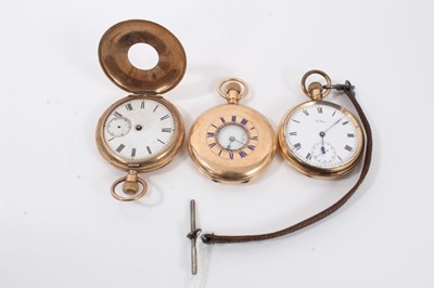 Lot 162 - Waltham gold plated pocket watch with leather watch chain and two other gold plated half hunter pocket watches (3)