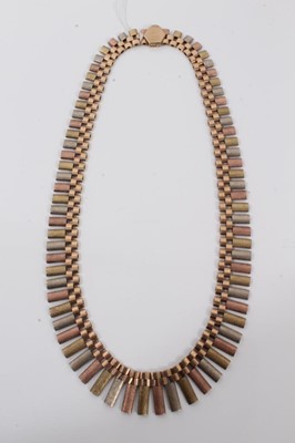 Lot 175 - Contemporary 9ct three colour gold fringe style necklace
