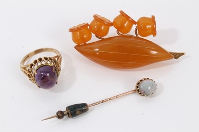 Lot 178 - 9ct gold mounted simulated amber lily of the valley brooch, 9ct gold purple cabochon stone ring and an opal stick pin