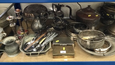 Lot 118 - Quantity of metalwares, including silver plate, copper kettle, etc