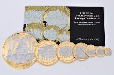 Lot 439 - Alderney - The Hattons of London - 'VE Day 75th Anniversary Gold Sovereign definitive seven coin proof set' 2020 to include Fifty Pounds (5oz), Twenty Pounds (2.5oz), Five Pounds (40gm), Double Sov...