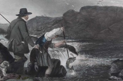 Lot 338 - Richard Andsell, 19th century hand coloured engraving - Fishing, Gaffing a Salmon, 42cm x 68cm, in glazed frame 
Provenance: Malcolm Innes Gallery, 10th March 1983