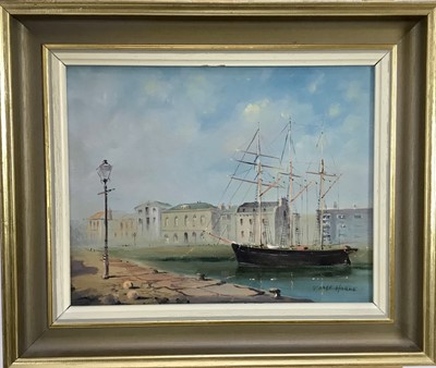 Lot 243 - George Horne, oil on board, A view of The Barbican Plymouth, signed, 
in gilt frame. 19 x 24cm.