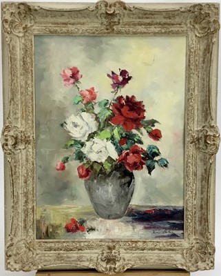 Lot 246 - English School mid 20th Century, oil on canvas,  
Summer flowers in a vase, indistinctly 
signed, in painted frame. 39 x 29cm.