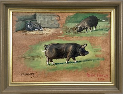 Lot 247 - Robin Furness born 1933, oil on artist board, ​"Harmony" the Berkshire sow, ​signed, inscribed and dated 2004, in painted frame. 
25 x 34cm.