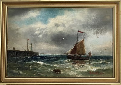 Lot 256 - Abraham Hulk jnr 1851 - 1922, oil on board, A fishing vessel off a jetty in a blow, 
signed, in gilt frame. 20 x 30cm.