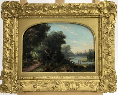 Lot 255 - English School circa 1860, oil on board, A wooded river landscape with a figure on a path 
and others fishing, in ornate gilt frame. 
18 x 25cm.