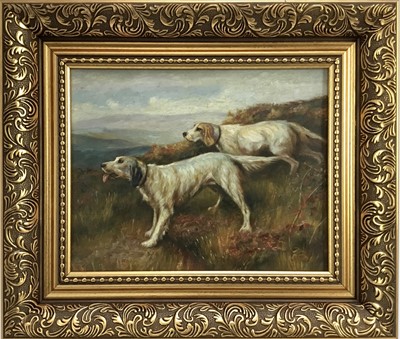 Lot 253 - English School early 20th Century, oil on board, Two hunting dogs in a wooded landscape, 
in gilt frame. 19 x 24cm.
