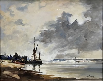 Lot 252 - John Snelling F.R.S.A.  born 1914, oil on canvas, 
Barges at Pin Mill, signed, in painted 
frame. 39 x 49cm.