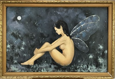 Lot 254 - English School, oil on board, A moonlit scene with a nude fairy seated on the  
ground, in gilt frame. 37 x 57cm.