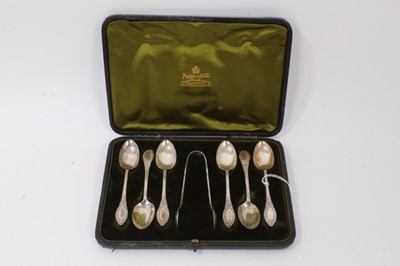 Lot 43 - Cased set of six silver teaspoons and pair sugar tongs by Mappin & Webb