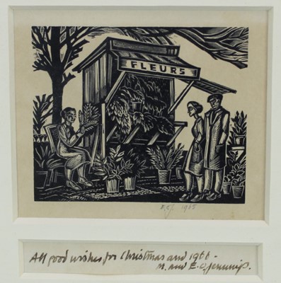 Lot 138 - Edgar Owen Jennings (1899-1985) wood engraving - Flower stall, pencil signed and dated 'E.S.J.1965', with a dedication below, image 7.5cm x 6cm, in glazed frame