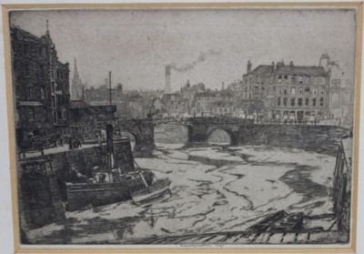 Lot 141 - Ernest Stephen Lumsden (1883-1948) etching - Low Tide, Leith, dated Sept 1909, signed in pencil below, image 21.5cm x 15.5cm, in glazed frame.