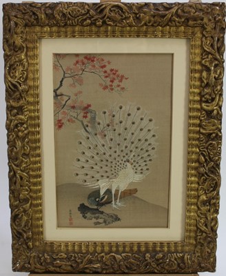 Lot 143 - After Maruyama Okyo, print - peacocks, image 19cm x 29cm in glazed frame.