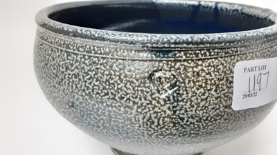 Lot 1197 - Four Mark Smith studio pottery salt glazed items including three vessels and a small bowl, together with a Denby three handled bowl and a copper jelly mould (6)