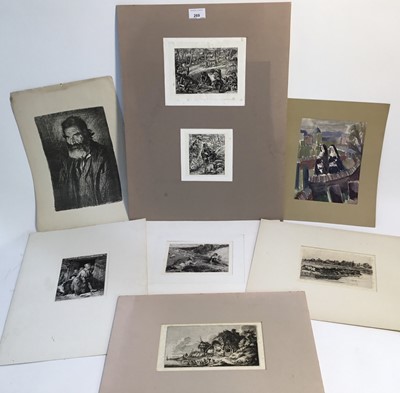 Lot 269 - Group of unframed 19th century engraving and etchings, watercolour of two nuns and other works (15)