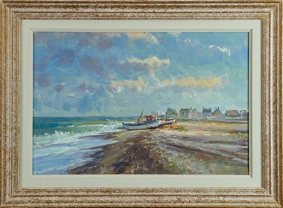 Lot 1157 - *Andrew King (b.1956) oil on board - Morning Light, Aldeburgh Beach, signed, 40cm x 60cm, framed 
Provenance: Thompson's Gallery, Aldeburgh