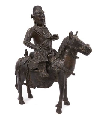 Lot 728 - Antique Chinese bronze figure of a horse and rider
