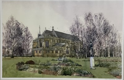 Lot 354 - Ken Howard (b.1932) pair of signed coloured prints - Church and Town 42/350 and 43/250, 34cm x 51cm, in glazed frames