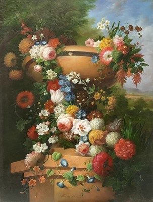 Lot 222 - 19th century style oil on board, still life of flowers in a pedestal vase