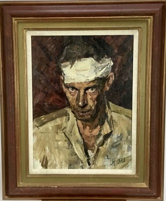 Lot 163 - Russian School oil on board, wounded soldier  
Provenance collection of Roy Miles