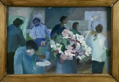 Lot 175 - Modern British oil on board, indistinctly signed Flower market
