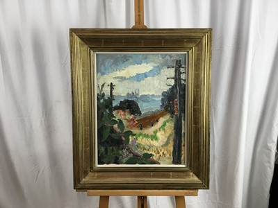 Lot 1082 - *Lucy Harwood (1893-1972) oil on canvas, landscape with telegraph poles, signed
