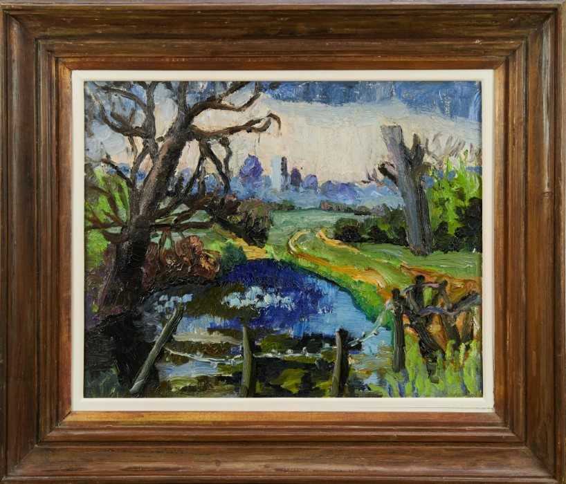 Lot 1080 - *Lucy Harwood (1893-1972) oil on canvas, Blue pool near Hadleigh, signed, titled to Ixion Society label verso