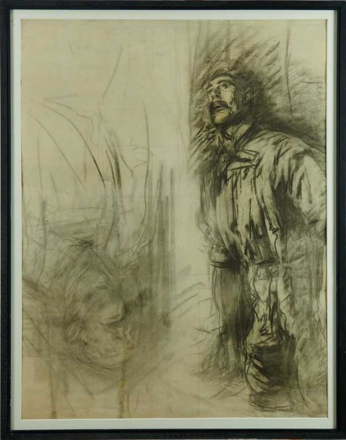 Lot 1028 - Harry Becker (1865-1928) charcoal, study of a farm labourer - Samson, study of sheep, a double sided work