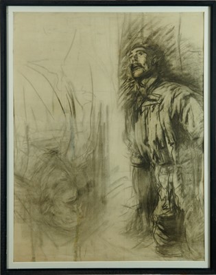 Lot 1028 - Harry Becker (1865-1928) charcoal, study of a farm labourer - Samson, study of sheep, a double sided work