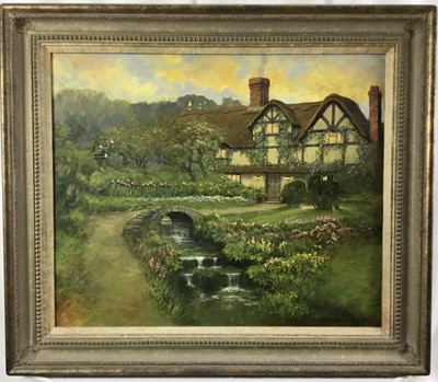 Lot 4 - Norman Coker (Contemporary) oil on board, Twilight cottage with stone bridge