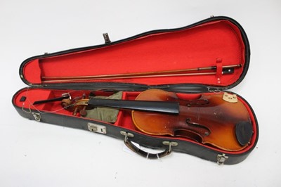 Lot 2319 - Two old violins in cases (one with bow)