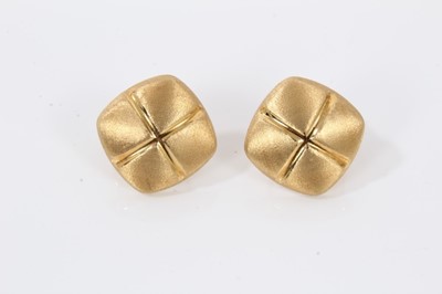 Lot 25 - Pair 18ct gold cushion shaped earrings with post and clip fittings