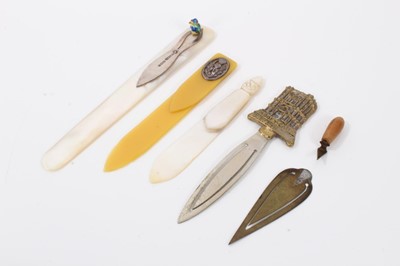 Lot 35 - Mother of pearl bookmark with silver mounts and enamelled bird decoration, 12.6cm long, together with four other bookmarks (5)
